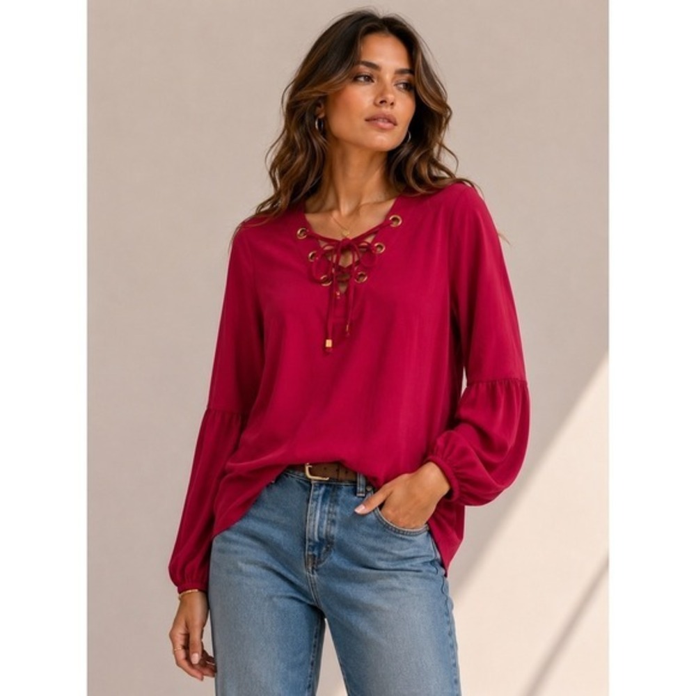 Michael Kors Magenta Lace Up Peasant Top Gold Grommet Boho Preppy Glam Small